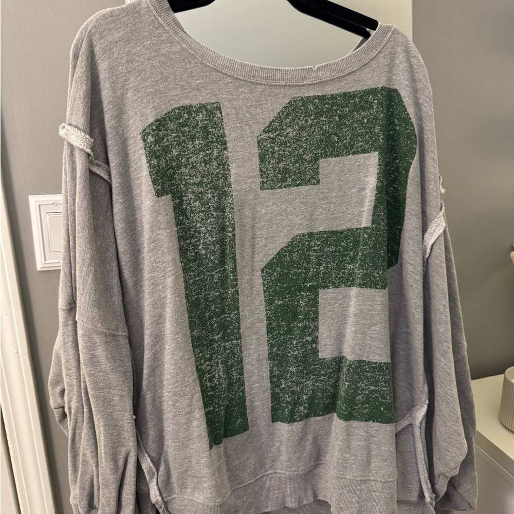 Free People We The Free Gray Sweatshirt with Distressed Dark Green Graphic